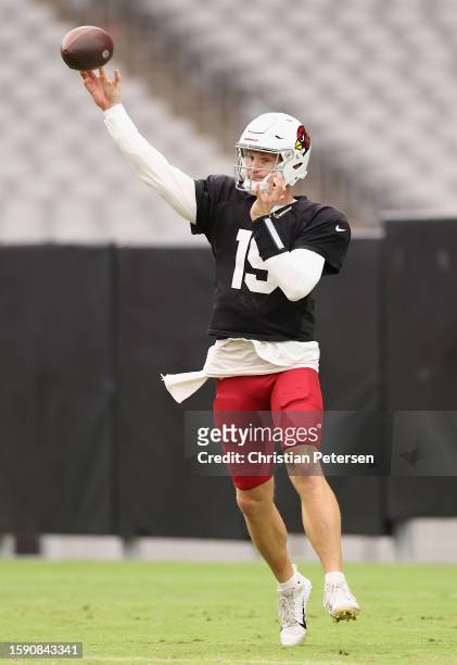 Quarterback Jeff Driskel of the Arizona Cardinals participates in a team practice ahead of the NFL season at State Farm Stadium on August 03, 2023 in...