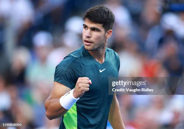 Carlos Alcaraz of Spain celebrates winning a point against Hubert Hurkacz of Poland during Day Four of the National Bank Open, part of the Hologic...