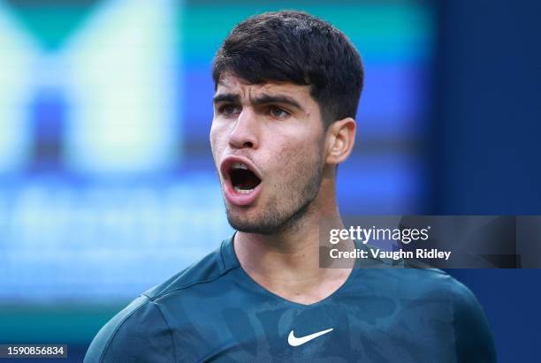 Carlos Alcaraz of Spain reacts after winning a point against Hubert Hurkacz of Poland during Day Four of the National Bank Open, part of the Hologic...