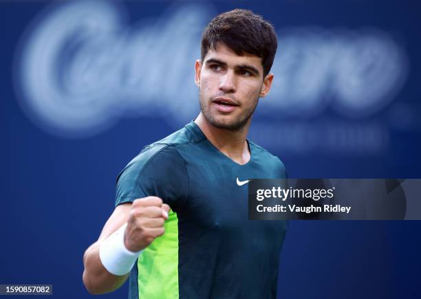 Carlos Alcaraz of Spain reacts after winning a point against Hubert Hurkacz of Poland during Day Four of the National Bank Open, part of the Hologic...