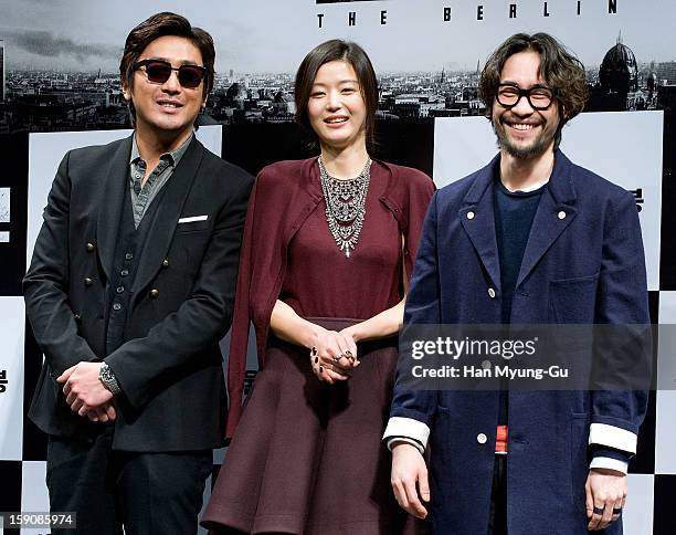 South Korean actors Ha Jung-Woo, Gianna Jun and Ryu Seung-Bum attend 'The Berlin File' press conference at CGV on January 7, 2013 in Seoul, South...