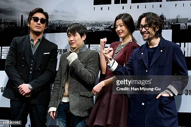 South Korean actors Ha Jung-Woo, Gianna Jun , Ryu Seung-Bum and director Ryu Seung-Wan attend 'The Berlin File' press conference at CGV on January 7,...