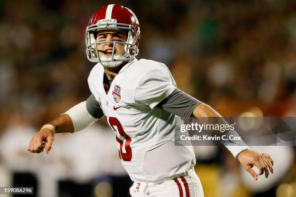 McCarron of the Alabama Crimson Tide reacts after throwing a touchdown in the first quarter to Michael Williams against the Notre Dame Fighting Irish...