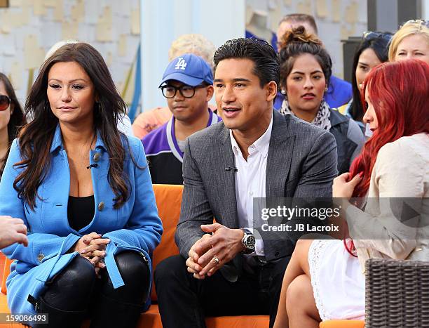 Jenni 'JWoww' Farley, Mario Lopez and Nicole 'Snooki' Polizzi are seen at The Grove on January 7, 2013 in Los Angeles, California.