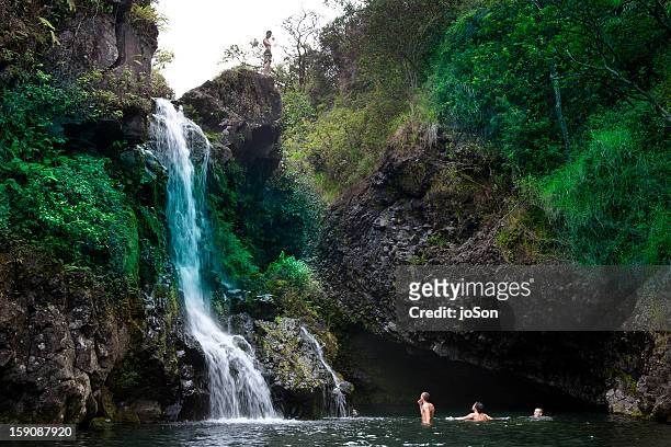 young people play nature, waterfall - hawaiian waterfalls 個照片及圖片檔