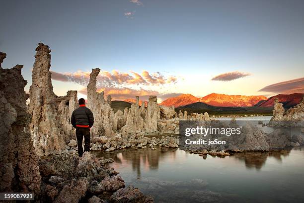 man stand in tufa with sierra nevada mt. mono lake - mono lake stock pictures, royalty-free photos & images