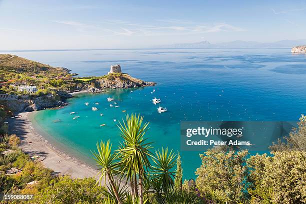 baia azzurra and torre crawford in san nicola arcella, calabria italy - calabria stockfoto's en -beelden