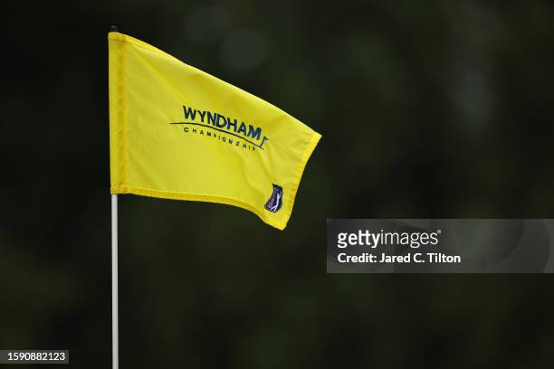 General view of the 11th green flag during the first round of the Wyndham Championship at Sedgefield Country Club on August 03, 2023 in Greensboro,...
