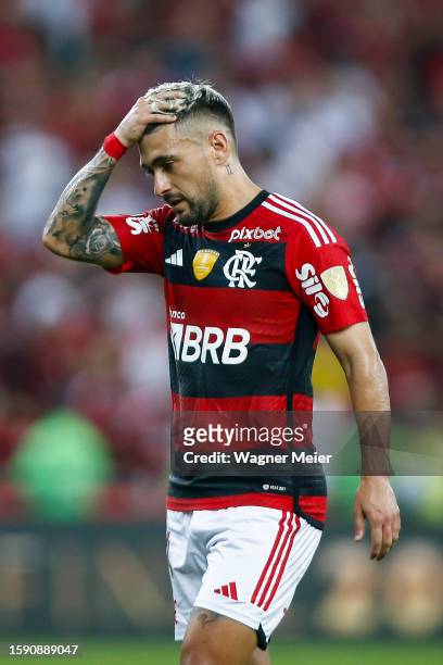 Giorgian De Arrascaeta of Flamengo reacts during the Copa CONMEBOL Libertadores round of 16 first leg match between Flamengo and Olimpia at Maracana...