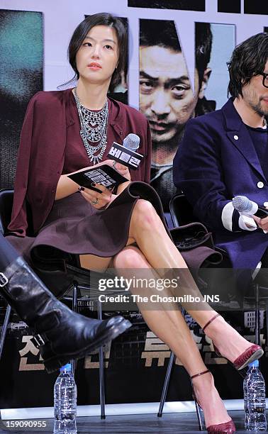 Jeon Ji-Hyun attends the 'The Berlin File' Press Conference at Apgujeong CGV on January 7, 2013 in Seoul, South Korea.