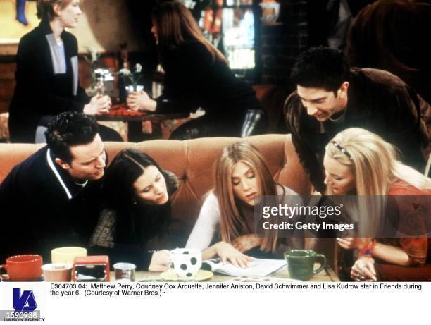 Matthew Perry, Courteney Cox Arquette, Jennifer Aniston, David Schwimmer and Lisa Kudrow star in Friends during year 6.