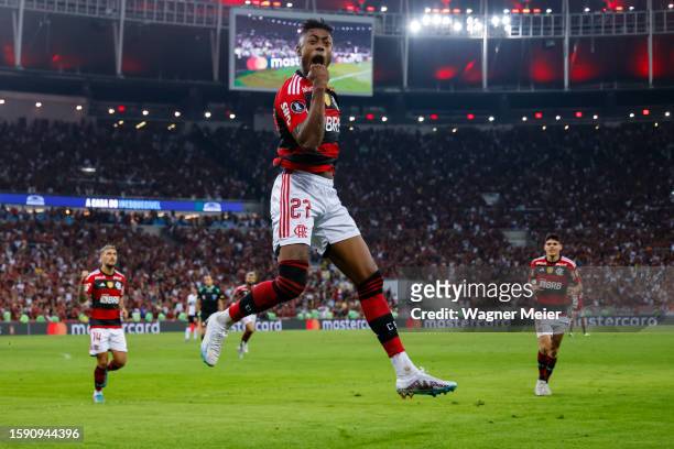 Bruno Henrique of Flamengo celebrates after scoring the team's first goal during the Copa CONMEBOL Libertadores round of 16 first leg match between...