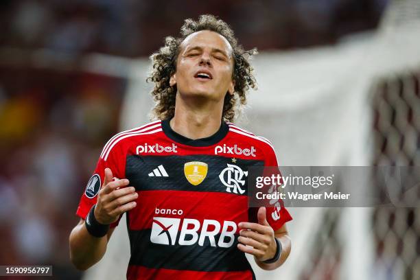 David Luiz of Flamengo reacs after missing a chance to score during the Copa CONMEBOL Libertadores round of 16 first leg match between Flamengo and...