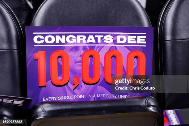 Sign honoring guard Diana Taurasi of the Phoenix Mercury is seen before the game against the Atlanta Dream at Footprint Center on August 03, 2023 in...