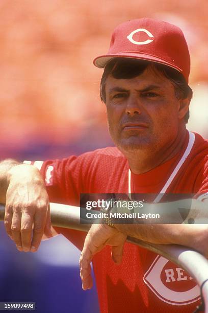 Manager Loe Piniella of the Cincinnati Reds looks on before a baseball game against the New York Mets on June 30, 1990 at Shea Stadium in New York,...