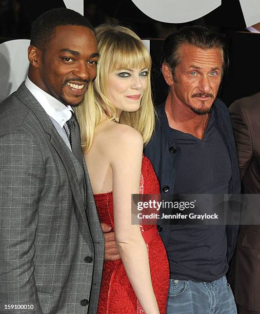 Actors Anthony Mackie, Emma Stone and Sean Penn attend the "Gangster Squad" Los Angeles premiere held at Grauman's Chinese Theatre on January 7, 2013...