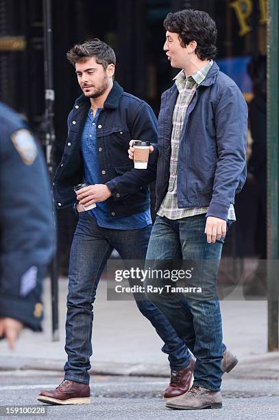 Actors Zac Efron and Miles Teller film a scene at the "Are We Officially Dating?" movie set in Grammercy Park on January 7, 2013 in New York City.