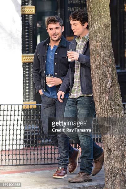 Actors Zac Efron and Miles Teller film a scene at the "Are We Officially Dating?" movie set in Grammercy Park on January 7, 2013 in New York City.