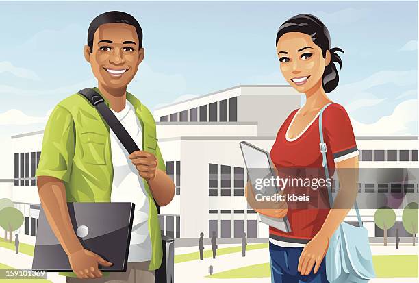 studenten auf dem campus - portrait lachen stock-grafiken, -clipart, -cartoons und -symbole