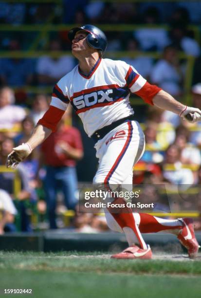 Carlton Fisk of the Chicago White Sox bats during an Major League Baseball game circa 1982 at Comiskey Park in Chicago, Illinois. Fisk played for the...