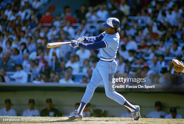 Tony Fernandez of the Toronto Blue Jays bats against the New York Yankees during an Major League Baseball game circa 1985 at Yankee Stadium in the...