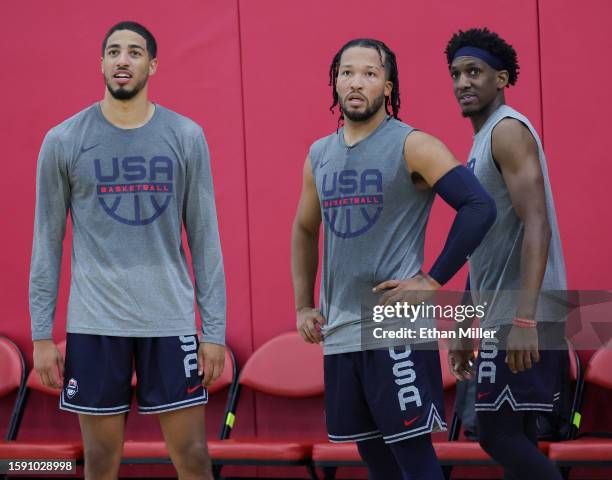 Tyrese Haliburton and Jalen Brunson of the 2023 USA Basketball Men’s National Team and Langston Galloway of the 2023 USA Basketball Men's Select Team...