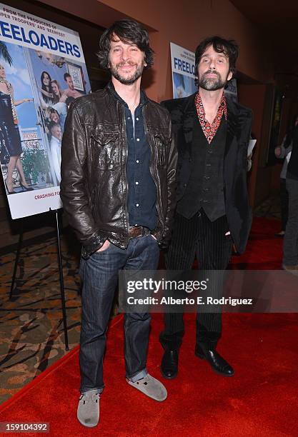 Writer Dave Gibbs and musician Chris Seefriedarrive to the premiere of Salient Media's "Freeloaders" at Sundance Cinema on January 7, 2013 in Los...