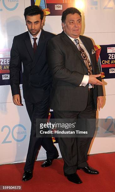 Indian bollywood actors Ranbir Kapoor and Rishi Kapoor attending Zee Cine Awards 2013 at Yash Raj Studio on January 6, 2013 in Mumbai, India.