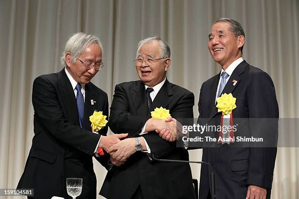 Japan Chamber of Commerce chairman Tadashi Okumura, apan Business Federation chairman Hiromasa Yonekura and Japan Association of Corporate Executives...