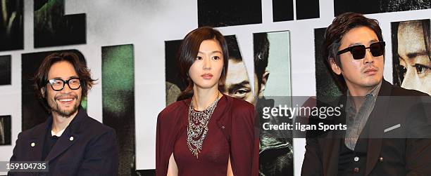Ryoo Seung-Bum, Jeon Ji-Hyun and Ha Jung-Woo attend the 'The Berlin File' Press Conference at Apgujeong CGV on January 7, 2013 in Seoul, South Korea.