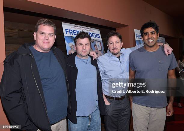 Broken Lizard members Kevin Heffernan, Steve Lemme, Paul Soter and Jay Chandrasekhar arrive to the premiere of Salient Media's "Freeloaders" at...