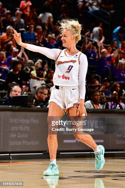Sophie Cunningham of the Phoenix Mercury celebrates during the game against the Connecticut Sun on August 10, 2023 at Footprint Center in Phoenix,...