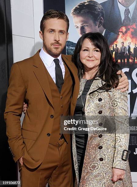 Actor Ryan Gosling and mom Donna arrive at the Los Angeles premiere of "Gangster Squad" at Grauman's Chinese Theatre on January 7, 2013 in Hollywood,...