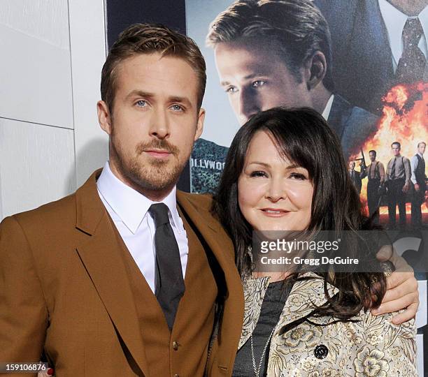 Actor Ryan Gosling and mom Donna arrive at the Los Angeles premiere of "Gangster Squad" at Grauman's Chinese Theatre on January 7, 2013 in Hollywood,...