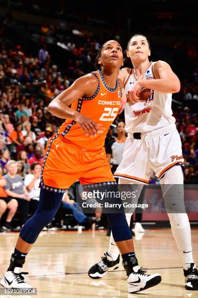 Alyssa Thomas of the Connecticut Sun plays defense during the game against the Phoenix Mercury on August 10, 2023 at Footprint Center in Phoenix,...