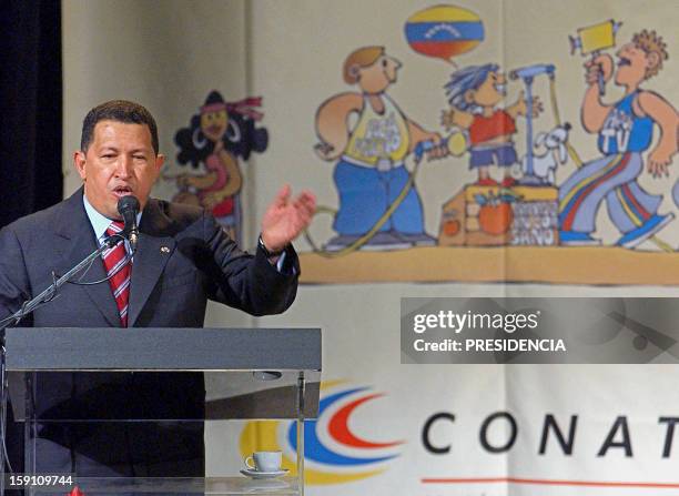 Venezuelan President Hugo Chavez delivers a speech 23 October 2003 in Caracas. The tensions between Caracas and Washington increased a notch...