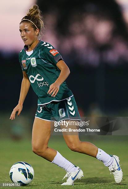 Kristen Mewis of Canberra controls the ball during the round 11 W-League match between Canberra United and the Western Sydney Wanderers at McKellar...