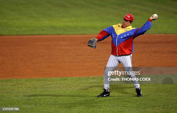 Venezuela's President Hugo Chavez throws the ball to a teammate during a softball game in Caracas on January 31 as part of his campaign to reform the...