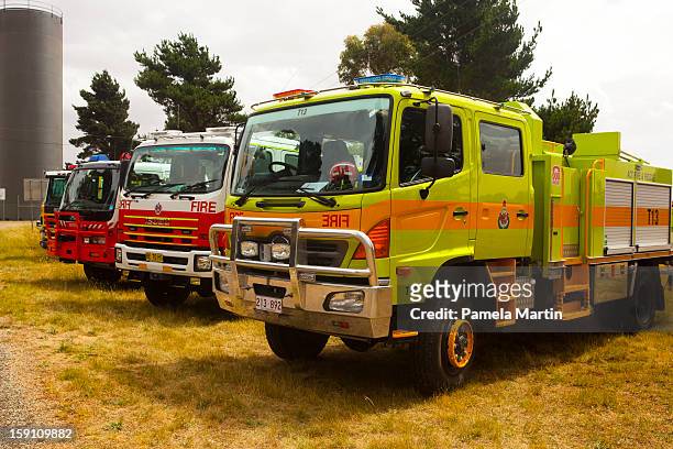 Firetrucks wait at the command center in the Kybeyan Valley, New South Wales on January 8, 2013 in Nimmitabel, Australia. NSW was declared a otal...