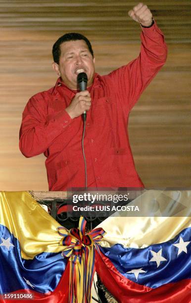 Venezuela's President Hugo Chavez addresses his supporters from a balcony of the presidential house early 16 August 2004 in Caracas. Oil prices...