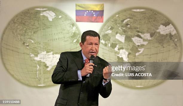 Venezuelan President Hugo Chavez speaks before of more than 100 journalists during a press conference at Miraflores Presidential Palace in Caracas,...