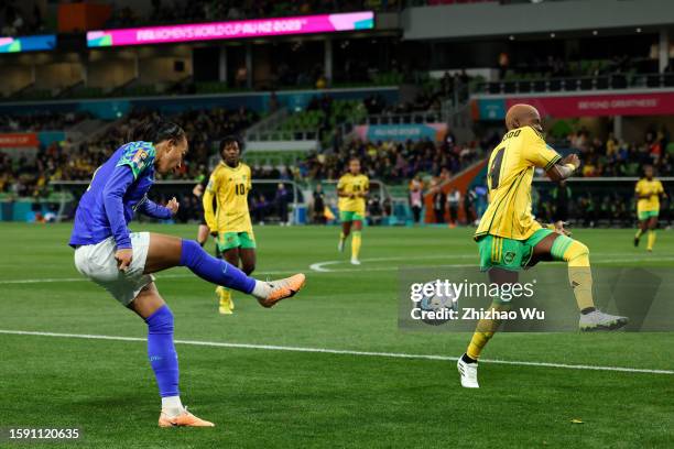 Adriana of Brazil pass the ball during the FIFA Women's World Cup Australia & New Zealand 2023 Group F match between Jamaica and Brazil at Melbourne...