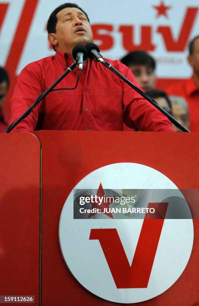 Venezuelan President Hugo Chavez gestures as he addresses the crowd during a rally to celebrate his 10th anniversary in power, outside the Miraflores...