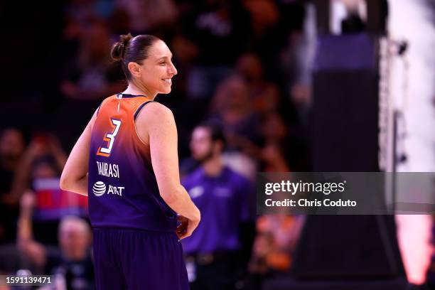 Guard Diana Taurasi of the Phoenix Mercury smiles before the second half of the game against the Atlanta Dream at Footprint Center on August 03, 2023...