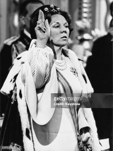 The inauguration of Princess Beatrix of the Netherlands as Queen after the abdication of her mother Queen Juliana, at the New Church or Nieuwe Kerk...