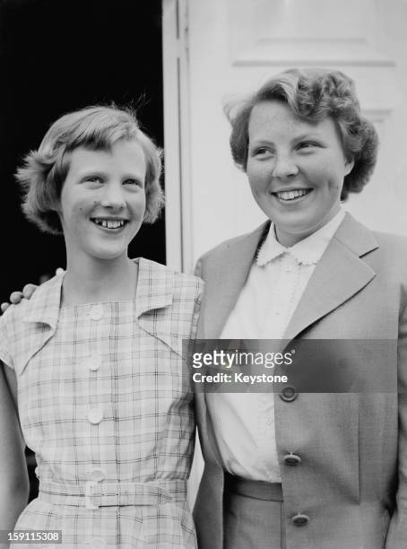Princess Margrethe, later Queen Margrethe II of Denmark and Princess Beatrix, later Queen Beatrix of the Netherlands pose together at Gråsten Palace...