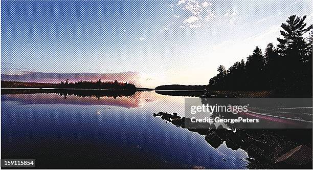 stockillustraties, clipart, cartoons en iconen met wilderness lake, sunset and canoe - red pine