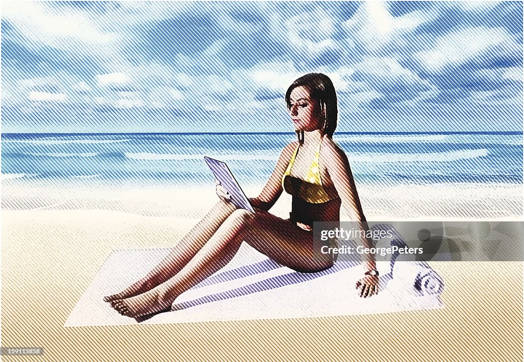 Woman At Beach With Digtal Tablet