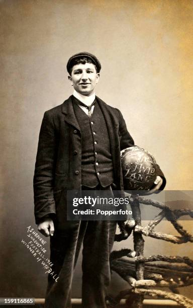 The winner of the Wednesday ball following the Ashbourne Shrovetide football match, circa 1906.