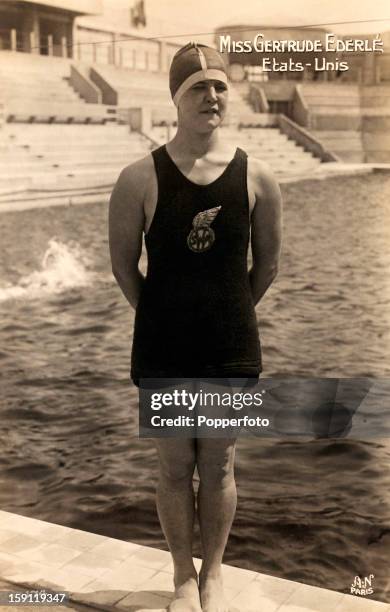 American swimmer Gertrude Ederle posed at the side of the Piscine des Tourelles during competition to win the gold medal in the Women's 4 x 100 metre...